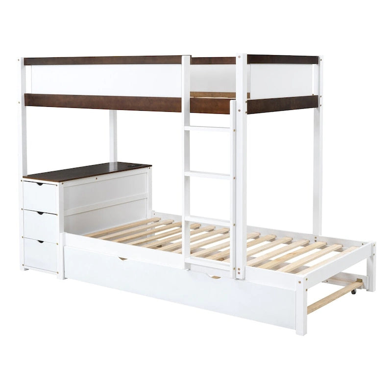 Etagenbett Twin über Twin mit Ausziehbett, Schreibtisch, Schubladen und USB-Anschlüssen