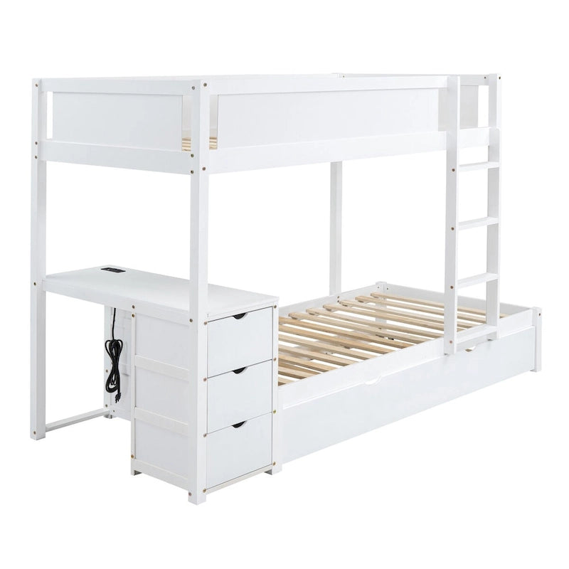 Letto a castello singolo sopra singolo con letto estraibile, scrivania, cassetti e prese USB