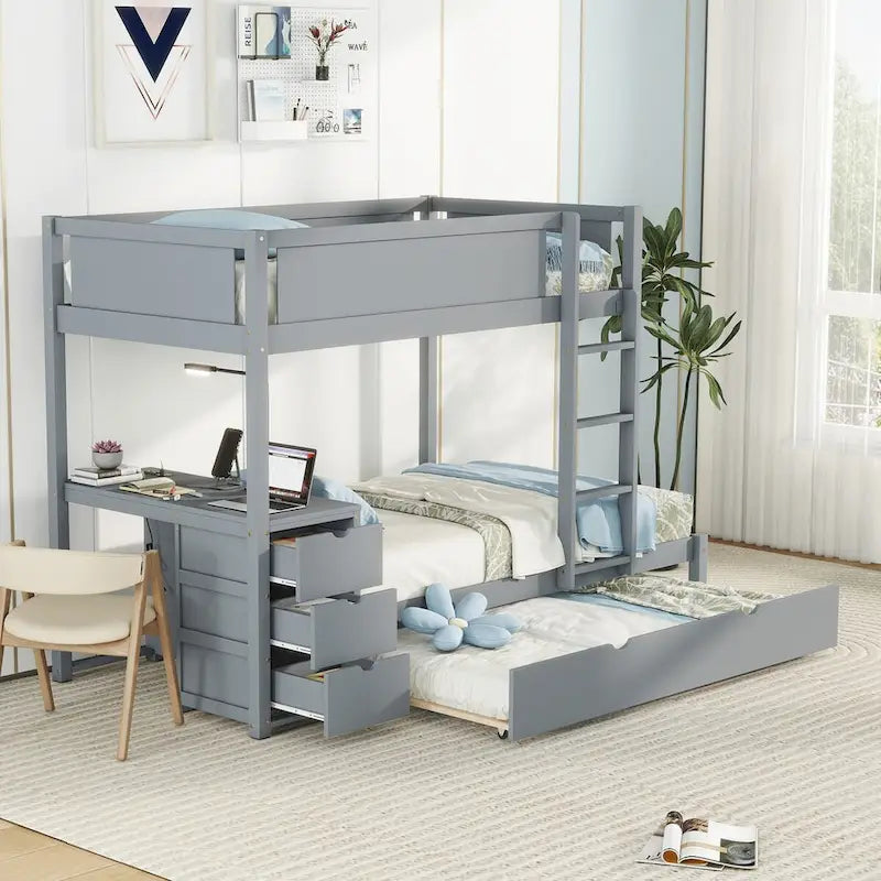 Letto a castello singolo sopra singolo con letto estraibile, scrivania, cassetti e prese USB