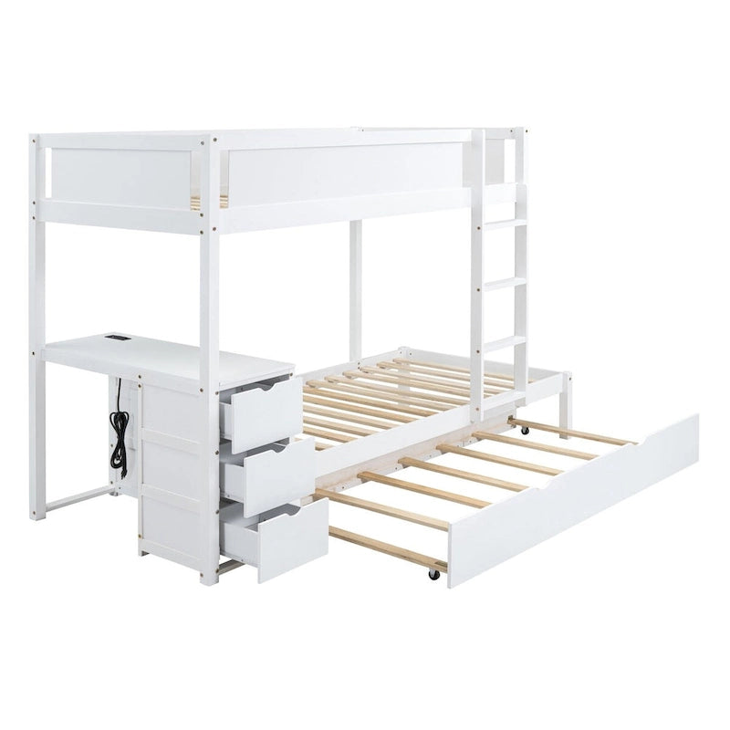 Litera individual sobre individual con cama nido, escritorio, cajones de almacenamiento y puertos USB