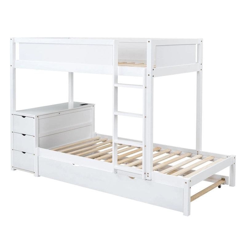 Etagenbett Twin über Twin mit Ausziehbett, Schreibtisch, Stauraumschubladen und USB-Anschlüssen