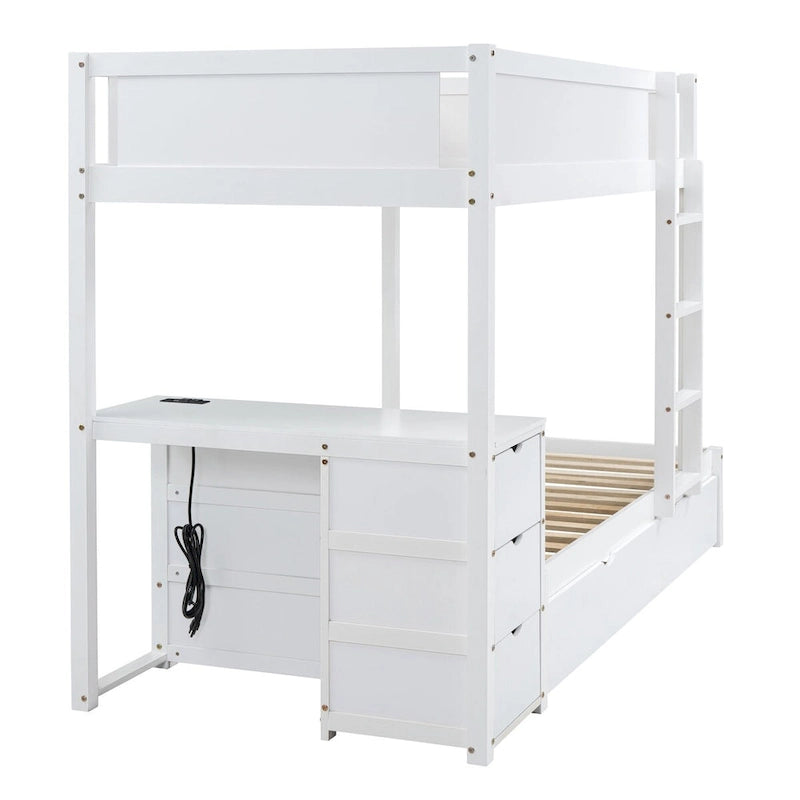 Litera individual sobre individual con cama nido, escritorio, cajones de almacenamiento y puertos USB