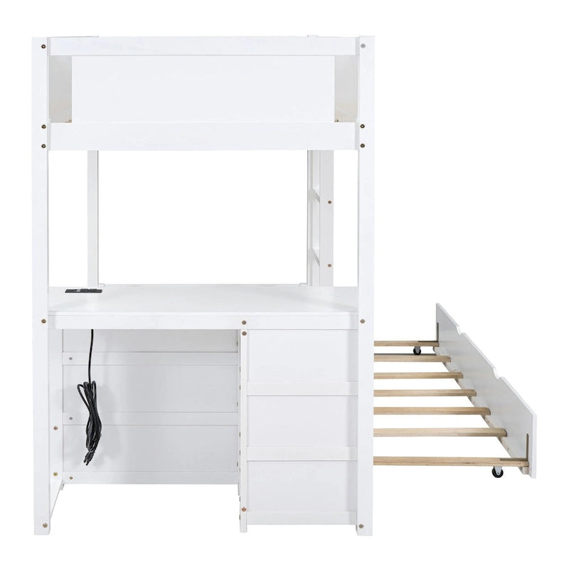 Litera individual sobre individual con cama nido, escritorio, cajones de almacenamiento y puertos USB