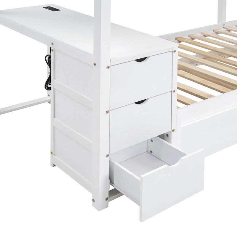 Litera individual sobre individual con cama nido, escritorio, cajones de almacenamiento y puertos USB