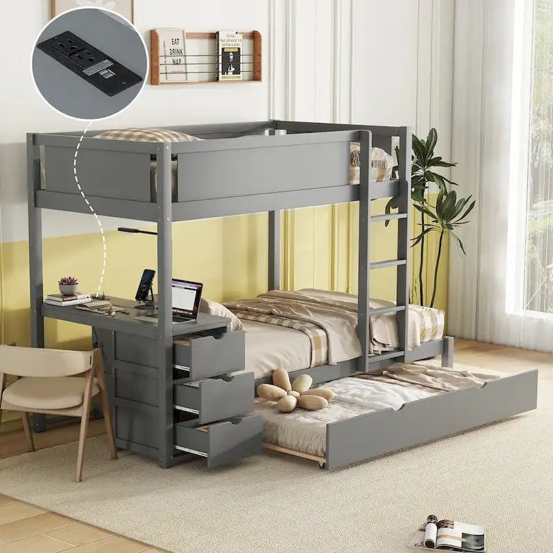 Litera individual sobre individual con cama nido, escritorio, cajones de almacenamiento y puertos USB