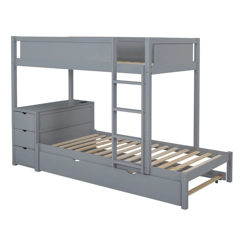 Litera individual sobre individual con cama nido, escritorio, cajones de almacenamiento y puertos USB