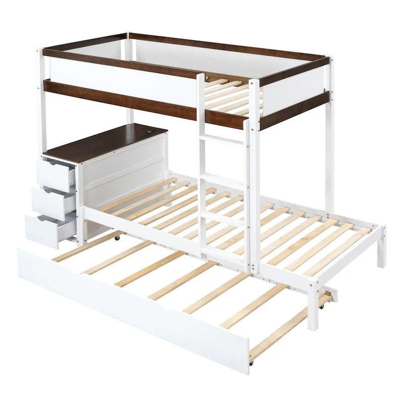 Litera individual sobre individual con cama nido, escritorio, cajones de almacenamiento y puertos USB