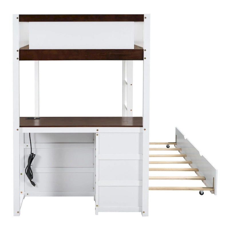 Litera individual sobre individual con cama nido, escritorio, cajones de almacenamiento y puertos USB