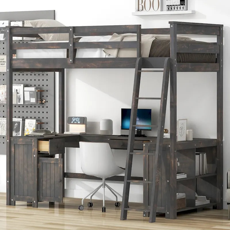 Letto a soppalco in legno con scrivania a U, cassetti e mensole contenitore
