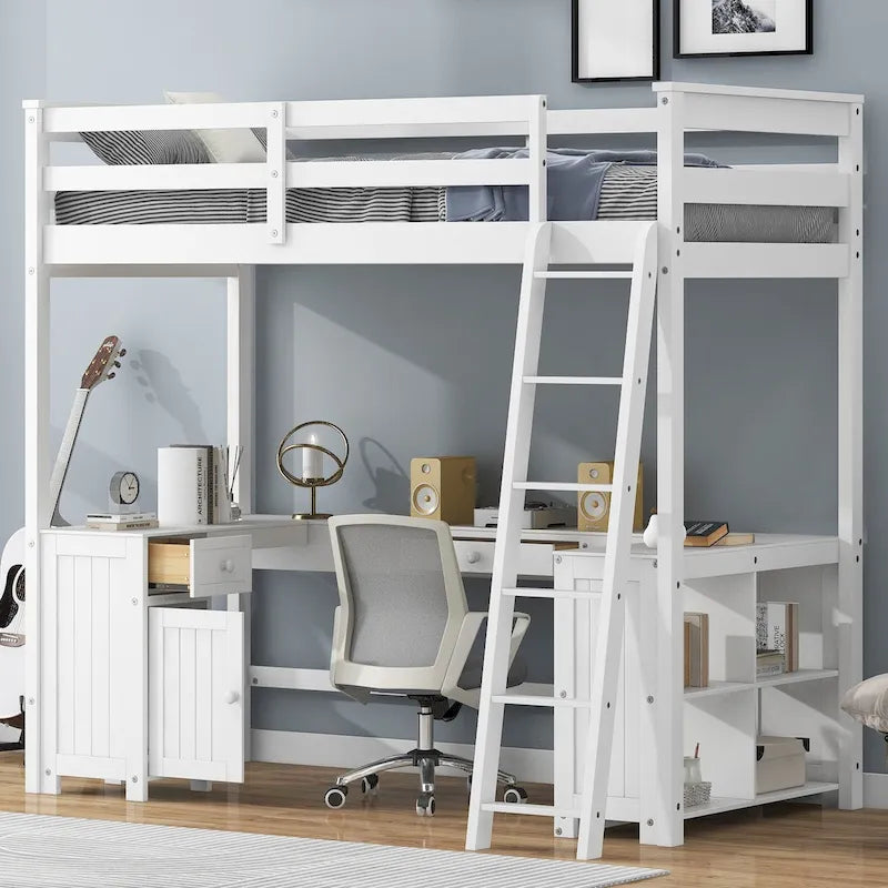 Letto a soppalco in legno con scrivania a U, cassetti e mensole contenitore