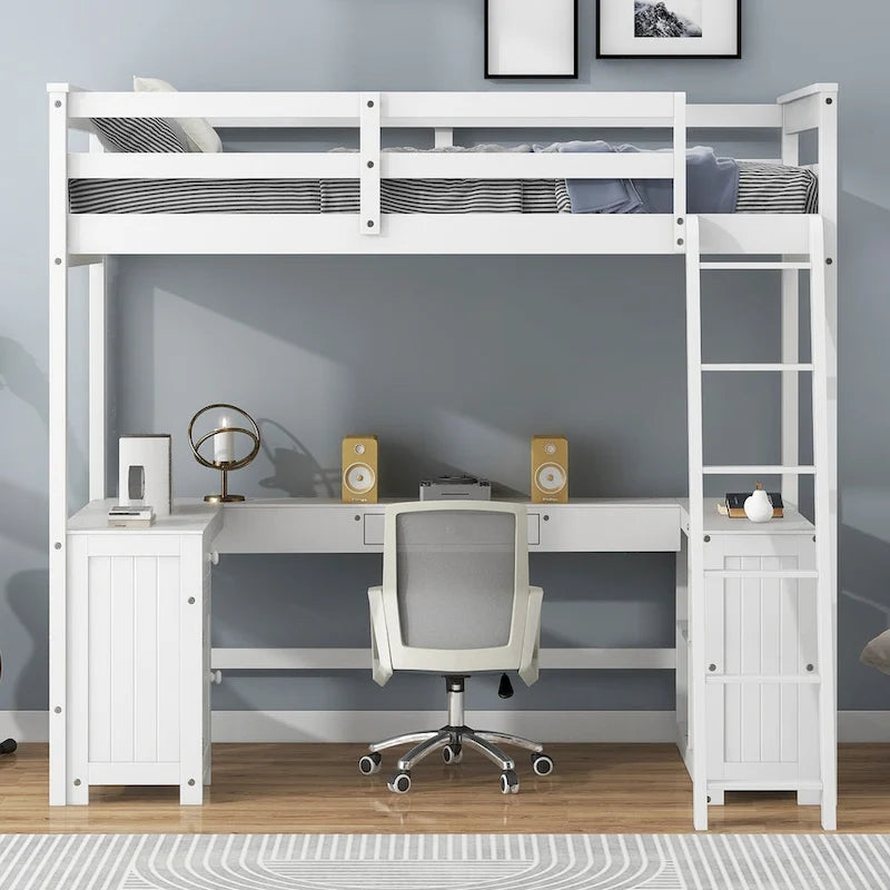 Letto a soppalco in legno con scrivania a U, cassetti e mensole contenitore