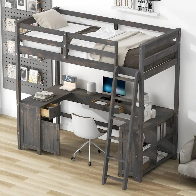 Letto a soppalco in legno con scrivania a U, cassetti e mensole contenitore