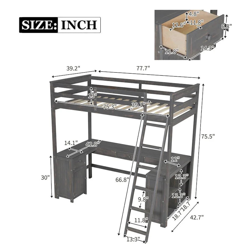 Letto a soppalco in legno con scrivania a U, cassetti e mensole contenitore