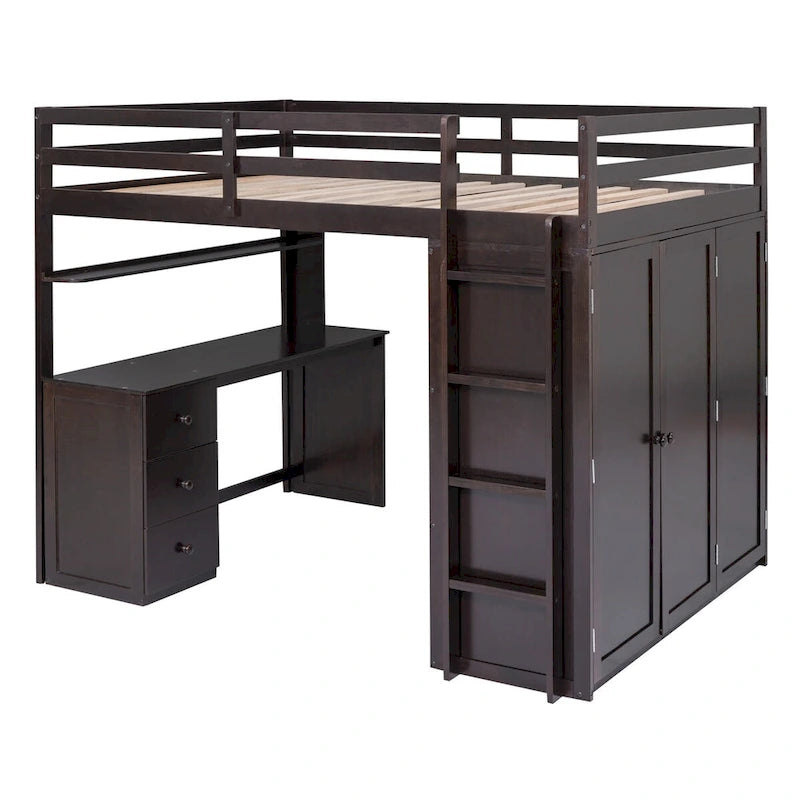 Lit mezzanine double avec bureau, tiroirs, armoire et barrières de sécurité