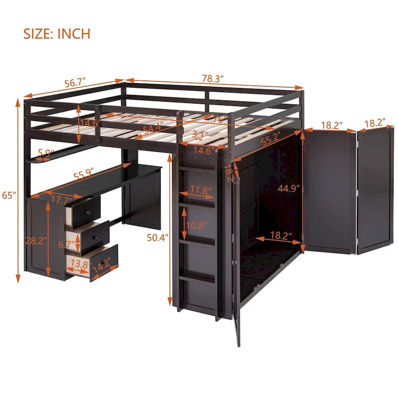 Full Loft Bed with Desk, Drawers, Wardrobe & Guardrails