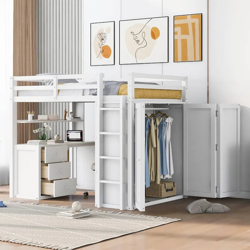 Lit mezzanine double avec bureau, tiroirs, armoire et barrières de sécurité