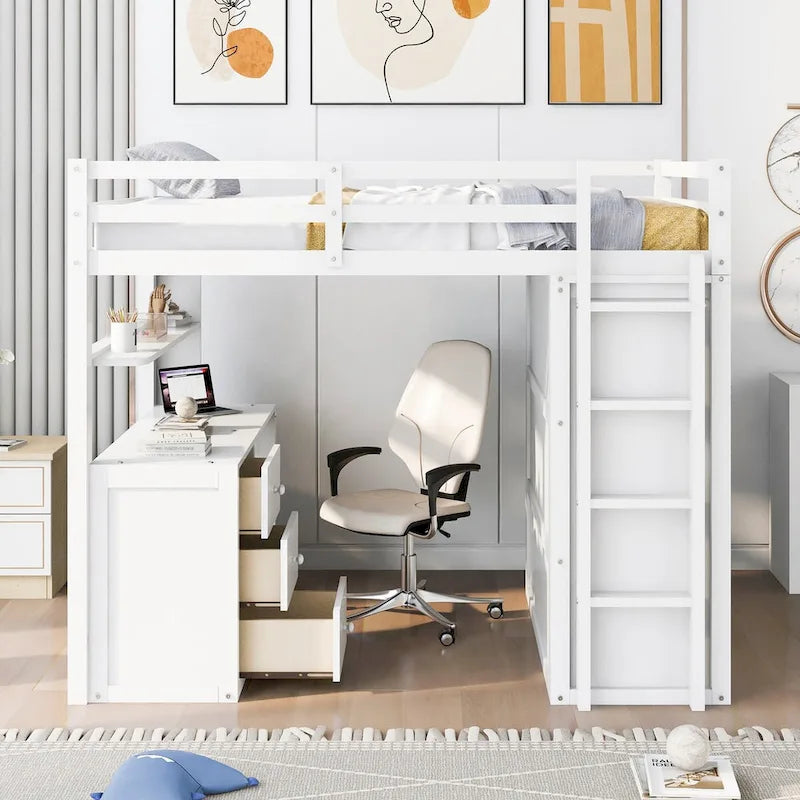 Lit mezzanine double avec bureau, tiroirs, armoire et barrières de sécurité