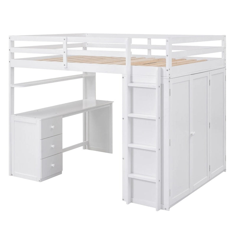 Lit mezzanine double avec bureau, tiroirs, armoire et barrières de sécurité