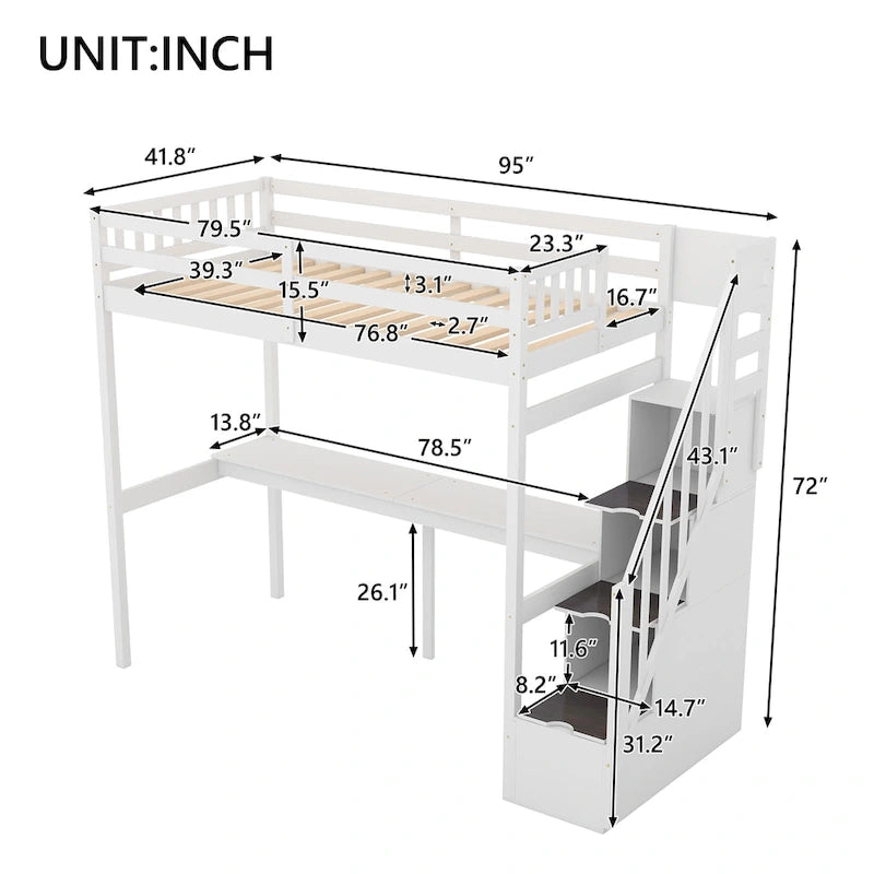 Cama alta individual con escalera de almacenamiento y escritorio incorporado