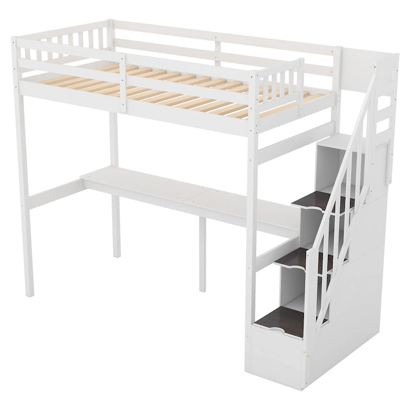 Cama alta individual con escalera de almacenamiento y escritorio incorporado