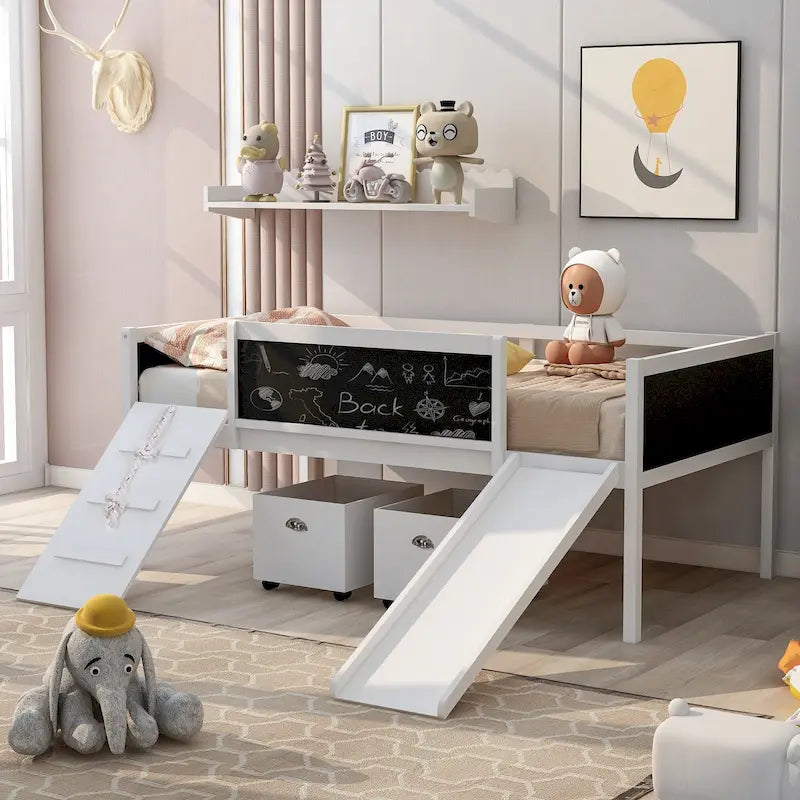 Solid Wood Loft Bed with Climbing Frame, Slide, Chalkboard Panels and Storage Boxes