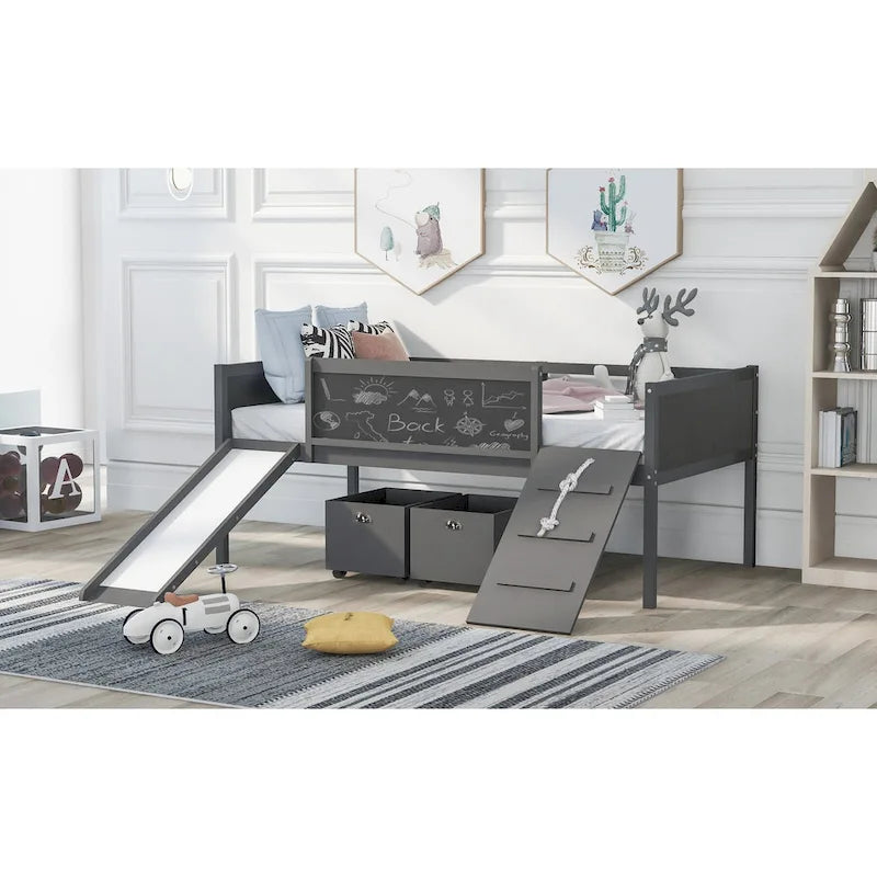 Solid Wood Loft Bed with Climbing Frame, Slide, Chalkboard Panels and Storage Boxes