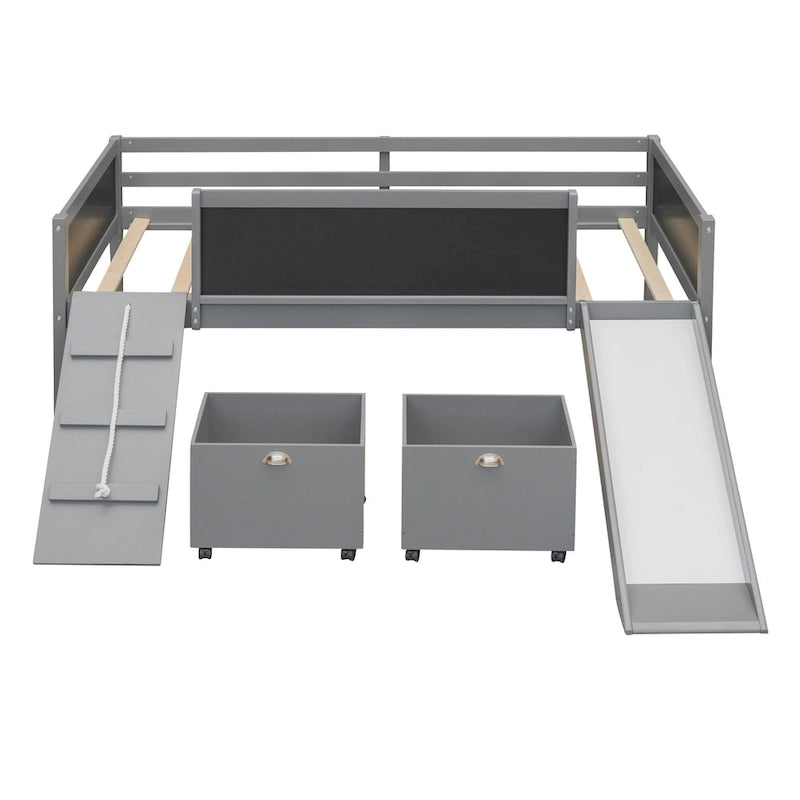 Solid Wood Loft Bed with Climbing Frame, Slide, Chalkboard Panels and Storage Boxes