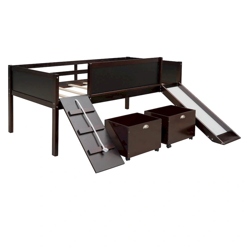 Solid Wood Loft Bed with Climbing Frame, Slide, Chalkboard Panels and Storage Boxes