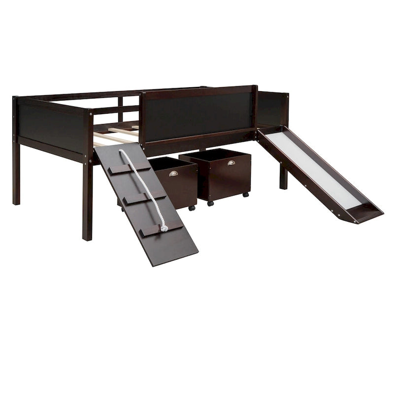 Solid Wood Loft Bed with Climbing Frame, Slide, Chalkboard Panels and Storage Boxes