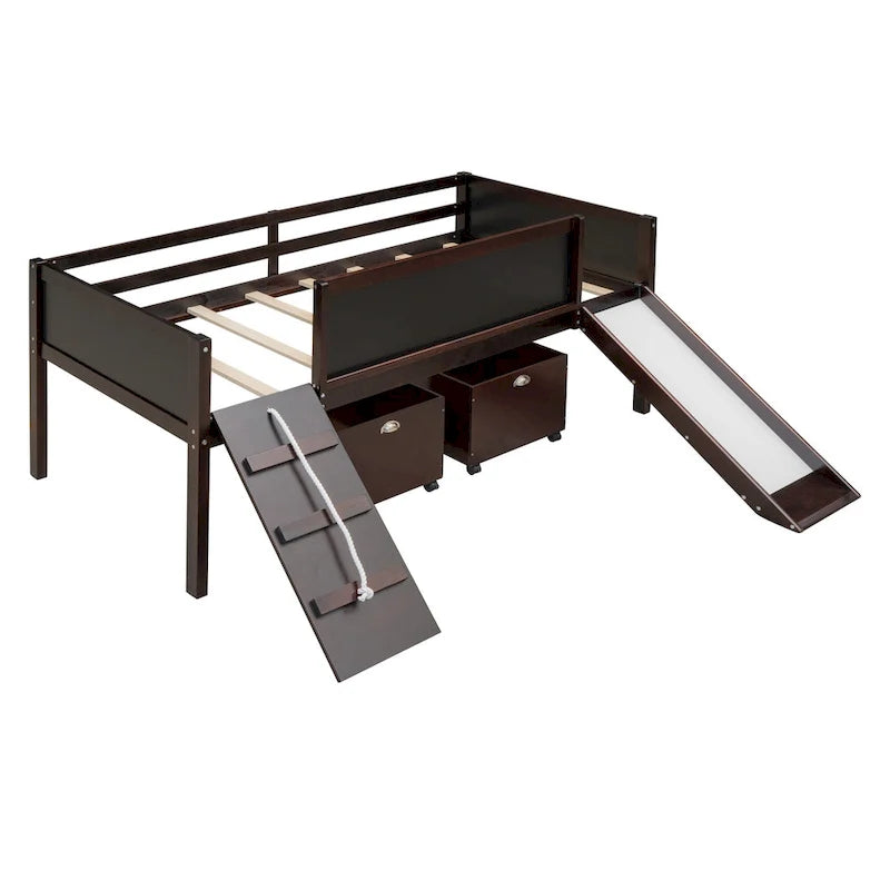 Solid Wood Loft Bed with Climbing Frame, Slide, Chalkboard Panels and Storage Boxes