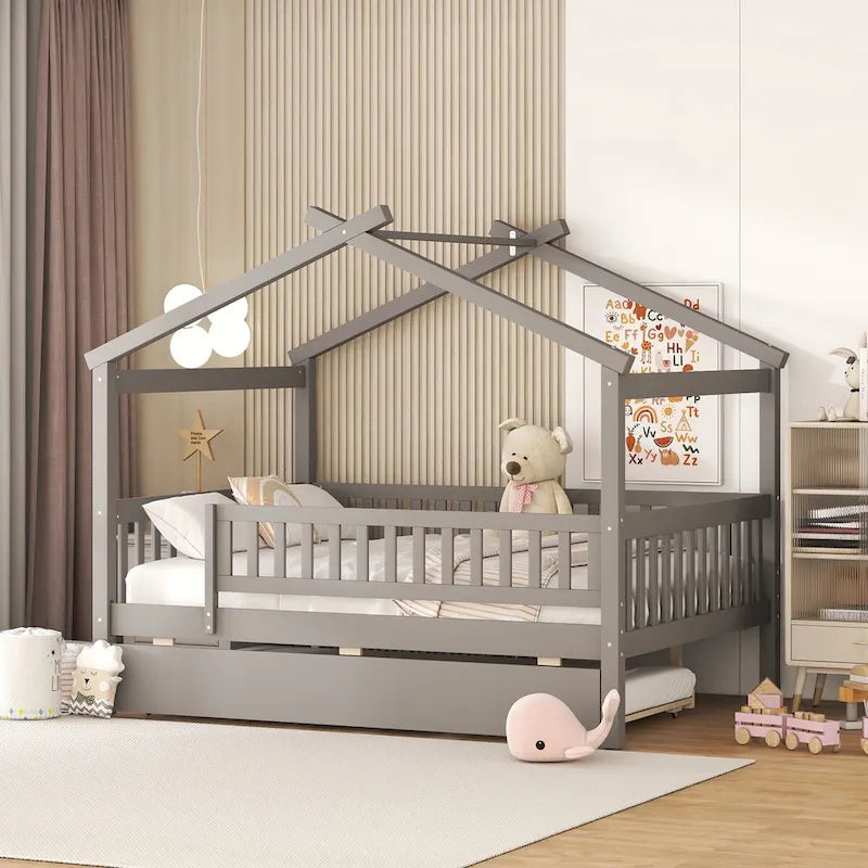 Letto a piattaforma a forma di casetta con letto estraibile singolo e sponda di protezione