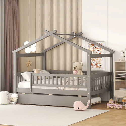 Cama tipo plataforma con forma de casa, cama nido individual y baranda de seguridad