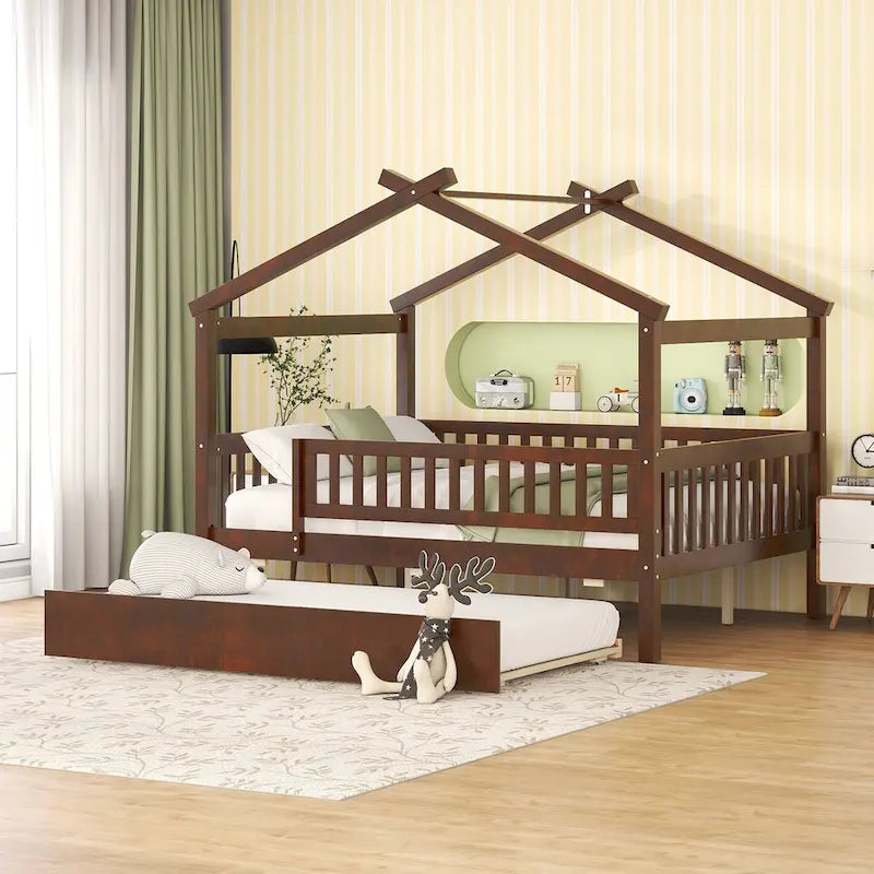 Letto a piattaforma a forma di casetta con letto estraibile singolo e sponda di protezione