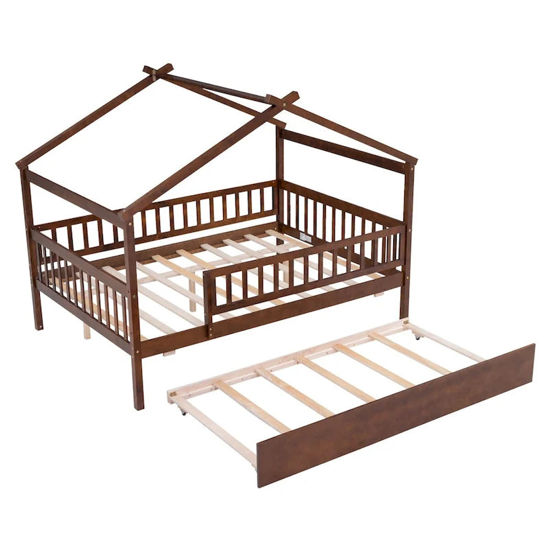 Letto a piattaforma a forma di casetta con letto estraibile singolo e sponda di protezione