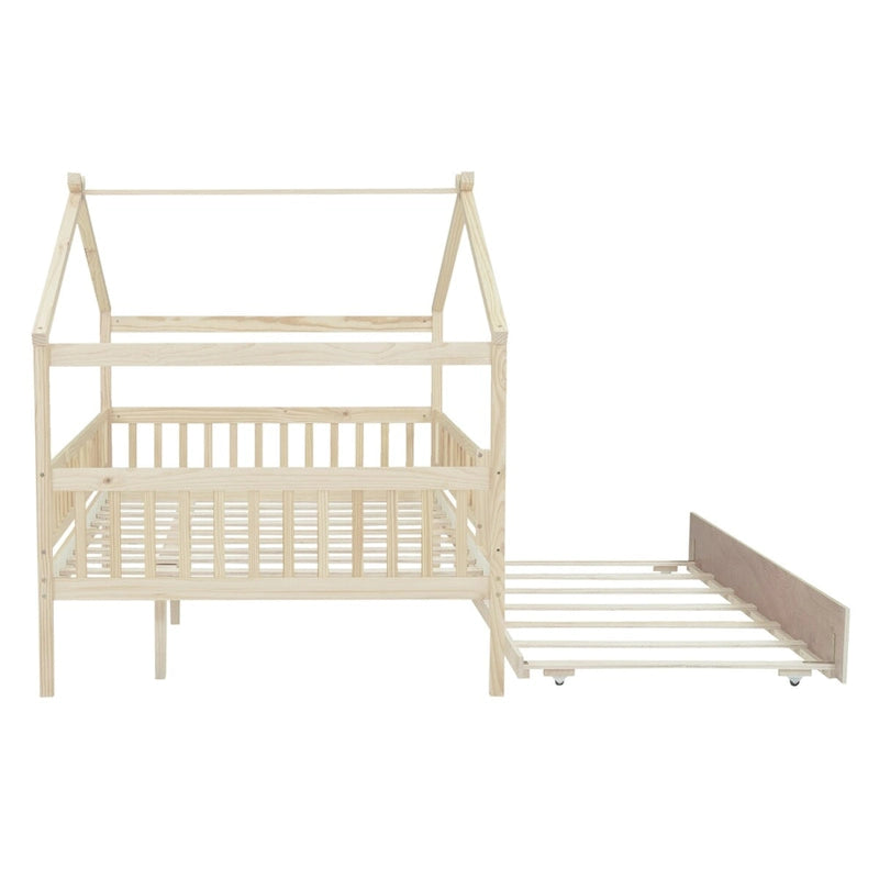 Letto a piattaforma a forma di casetta con letto estraibile singolo e sponda di protezione