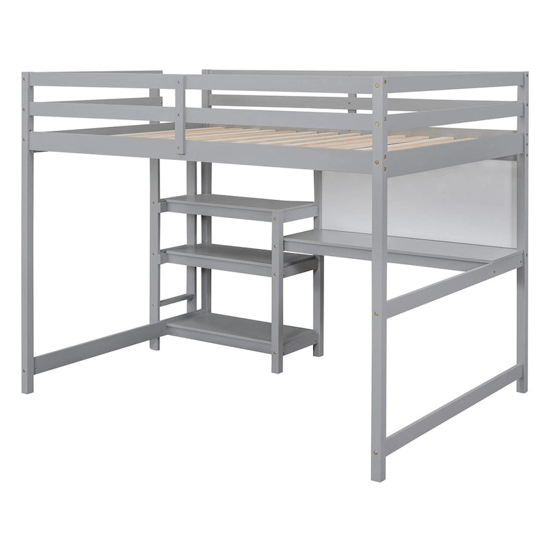 Letto a soppalco in legno con scrivania, mensole a 3 livelli e tavola da scrittura cancellabile