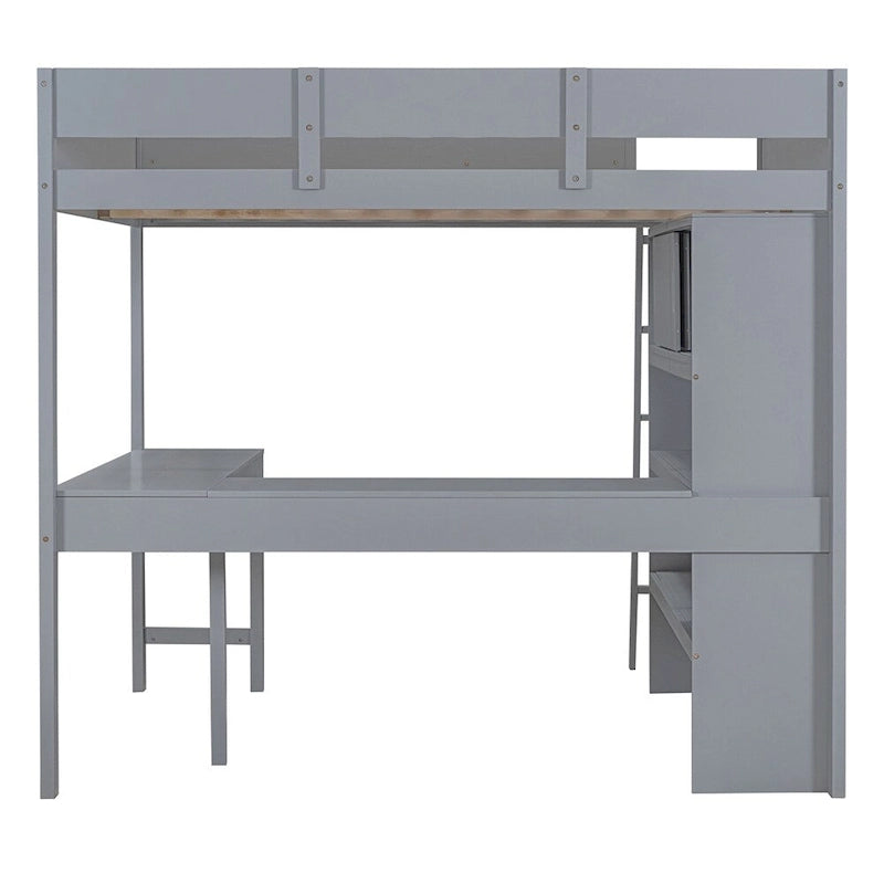 Hochbett aus Massivholz mit Schreibtisch, Regalen und umlaufendem Rausfallschutz