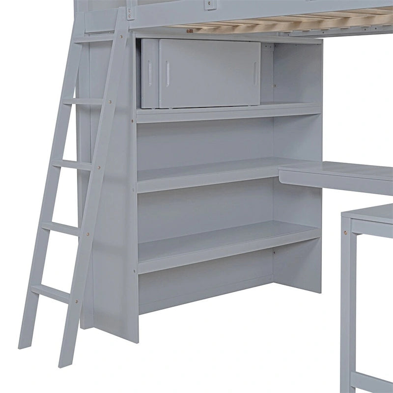 Hochbett aus Massivholz mit Schreibtisch, Regalen und umlaufendem Rausfallschutz