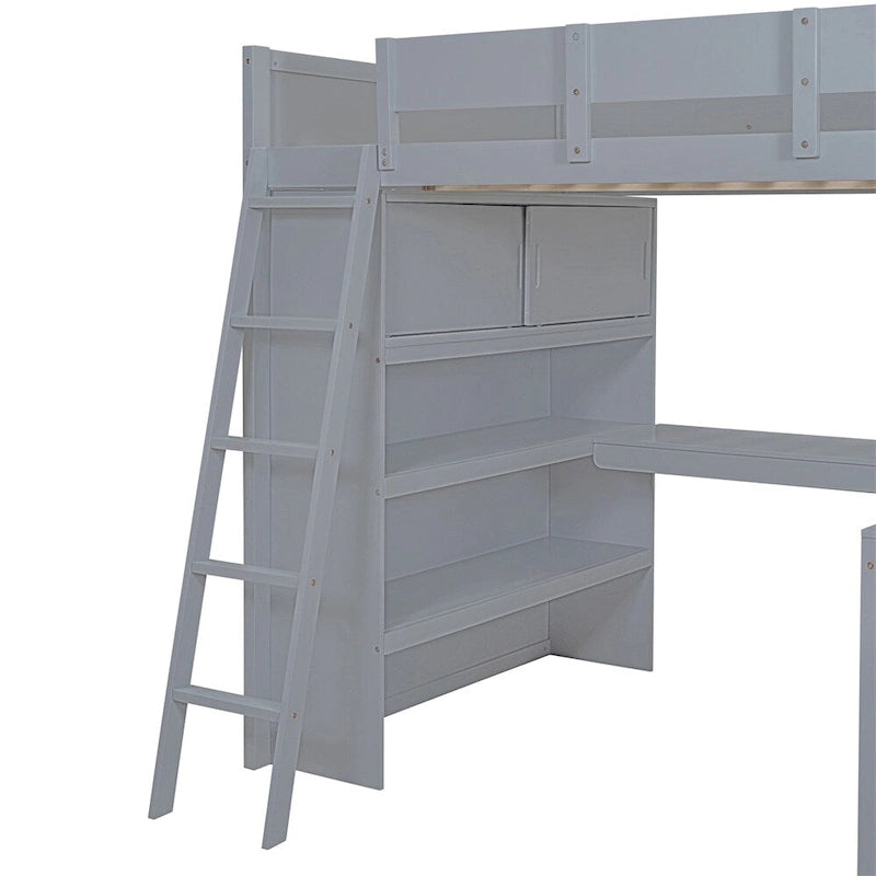 Hochbett aus Massivholz mit Schreibtisch, Regalen und umlaufendem Rausfallschutz