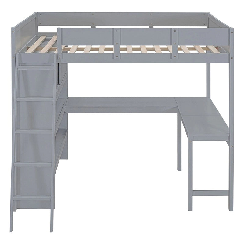 Hochbett aus Massivholz mit Schreibtisch, Regalen und umlaufendem Rausfallschutz