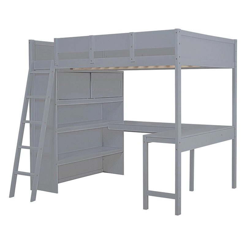 Hochbett aus Massivholz mit Schreibtisch, Regalen und umlaufendem Rausfallschutz