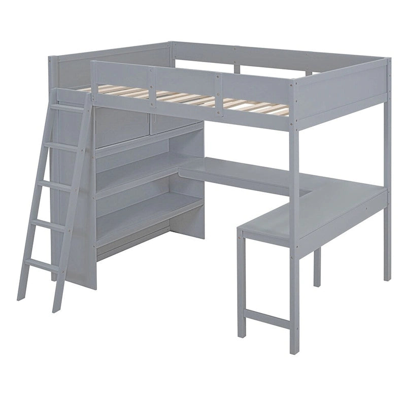 Hochbett aus Massivholz mit Schreibtisch, Regalen und umlaufendem Rausfallschutz