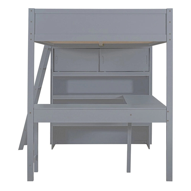 Hochbett aus Massivholz mit Schreibtisch, Regalen und umlaufendem Rausfallschutz