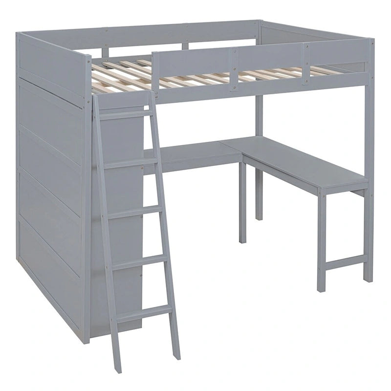 Hochbett aus Massivholz mit Schreibtisch, Regalen und umlaufendem Rausfallschutz