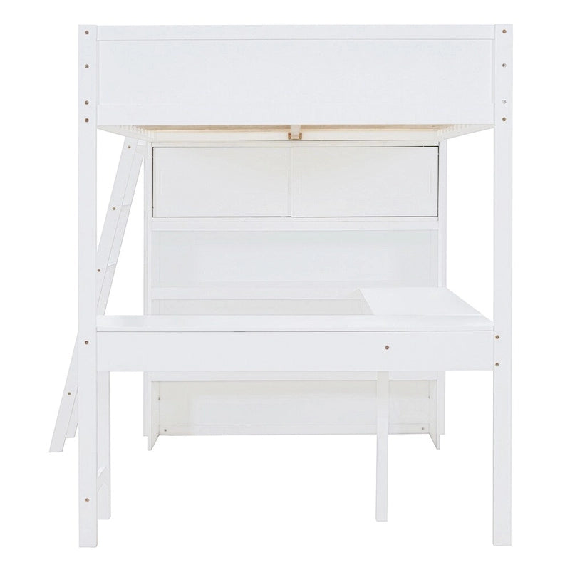Hochbett aus Massivholz mit Schreibtisch, Regalen und umlaufendem Rausfallschutz