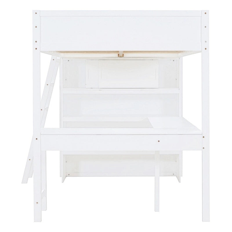 Hochbett aus Massivholz mit Schreibtisch, Regalen und umlaufendem Rausfallschutz