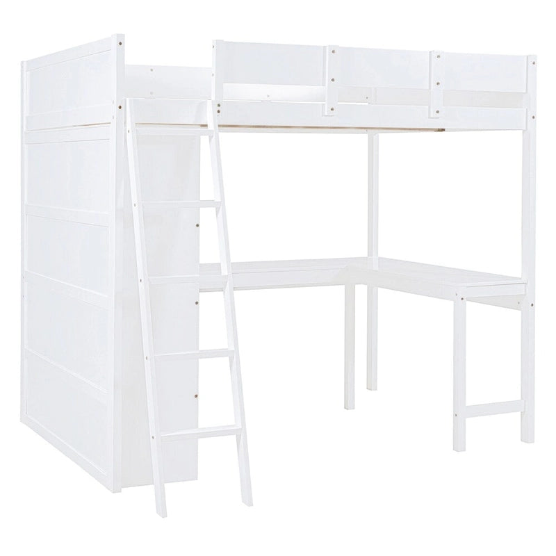 Hochbett aus Massivholz mit Schreibtisch, Regalen und umlaufendem Rausfallschutz