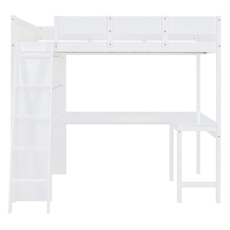 Hochbett aus Massivholz mit Schreibtisch, Regalen und umlaufendem Rausfallschutz