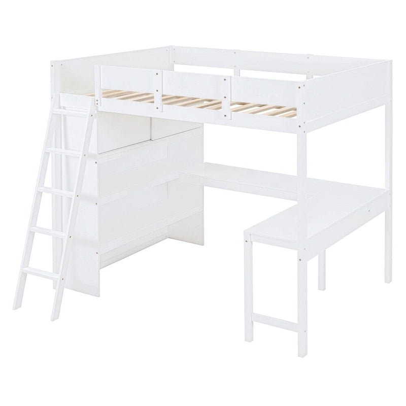 Hochbett aus Massivholz mit Schreibtisch, Regalen und umlaufendem Rausfallschutz