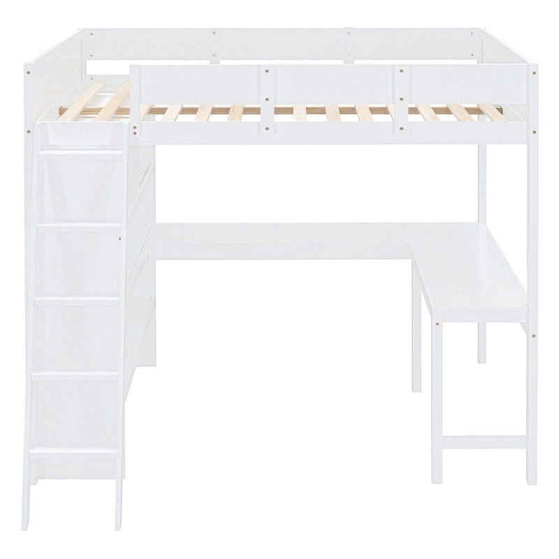 Hochbett aus Massivholz mit Schreibtisch, Regalen und umlaufendem Rausfallschutz